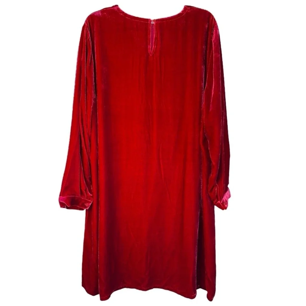 Eileen Fisher Large Ruby Red Crew Neck Long Sleeve Velvet Knee Length Dress NWT‎